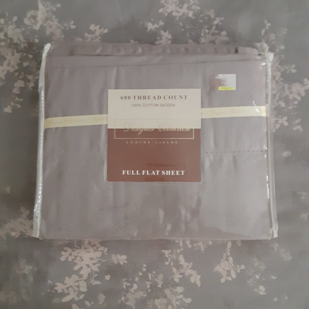 600 thread count luxury 100% cotton sateen full flat sheet - grey - NEW